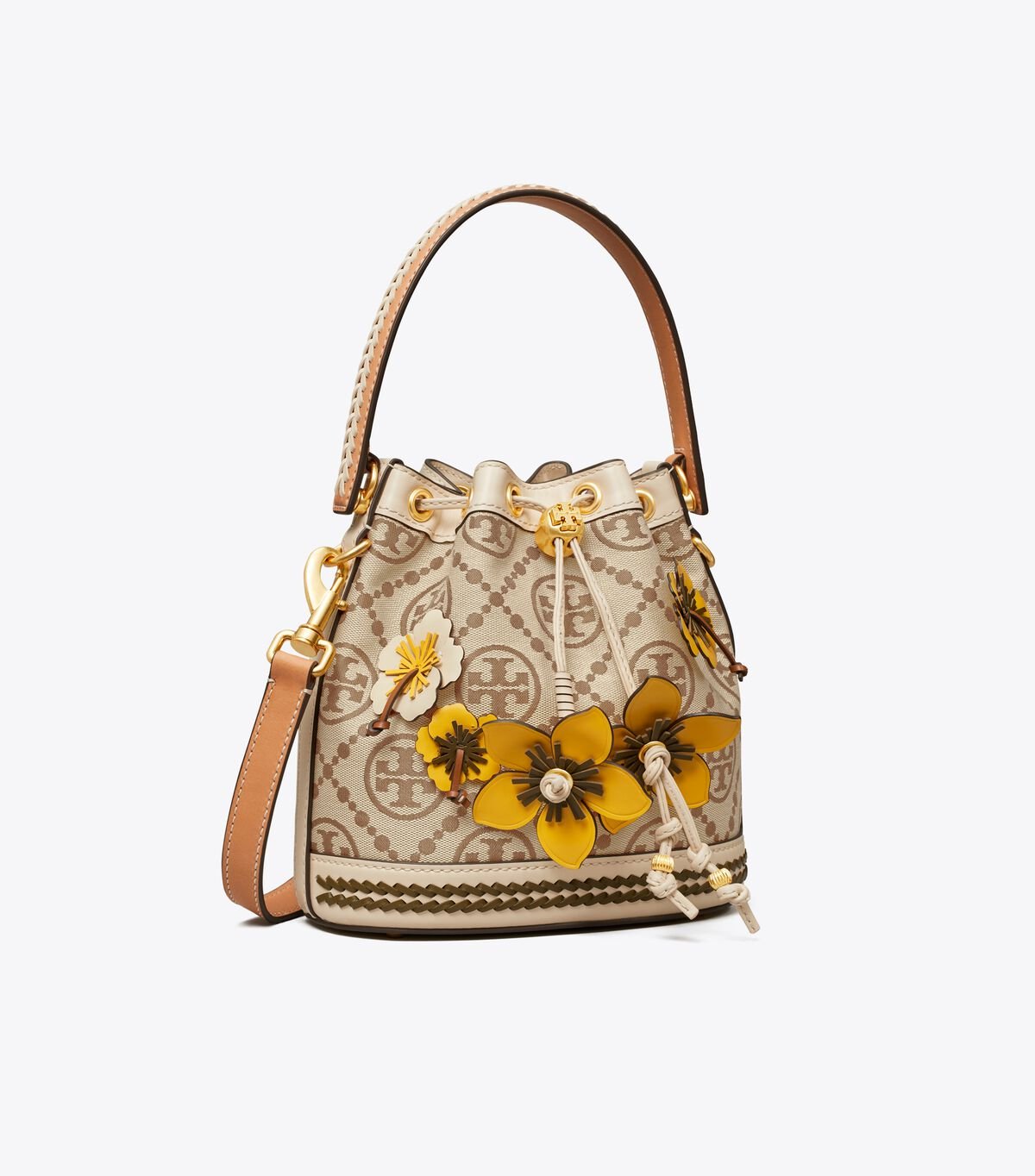 Beige Women\'s Tory Burch T Monogram Braided Floral Bucket Bags | SUEVZR-653