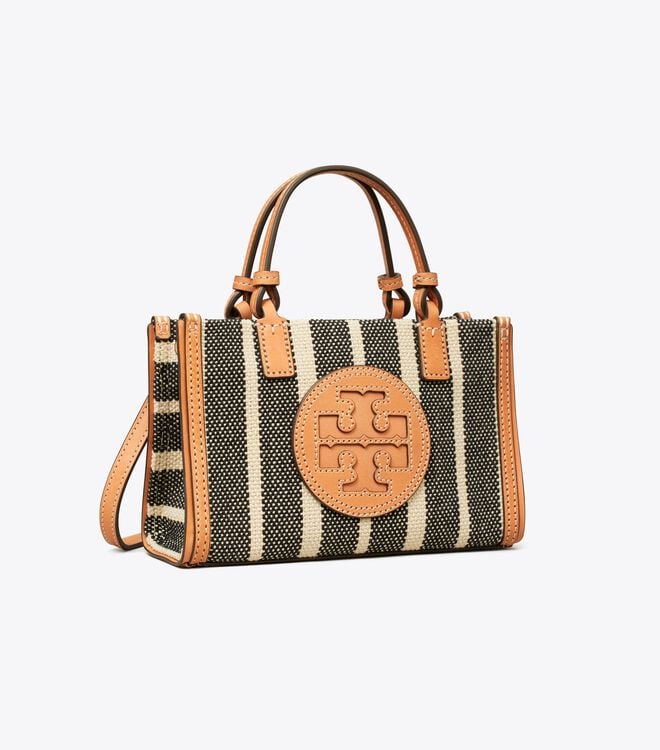 Black / White Women\'s Tory Burch Mini Ella Striped Canvas Tote Bags | PWTHEI-543