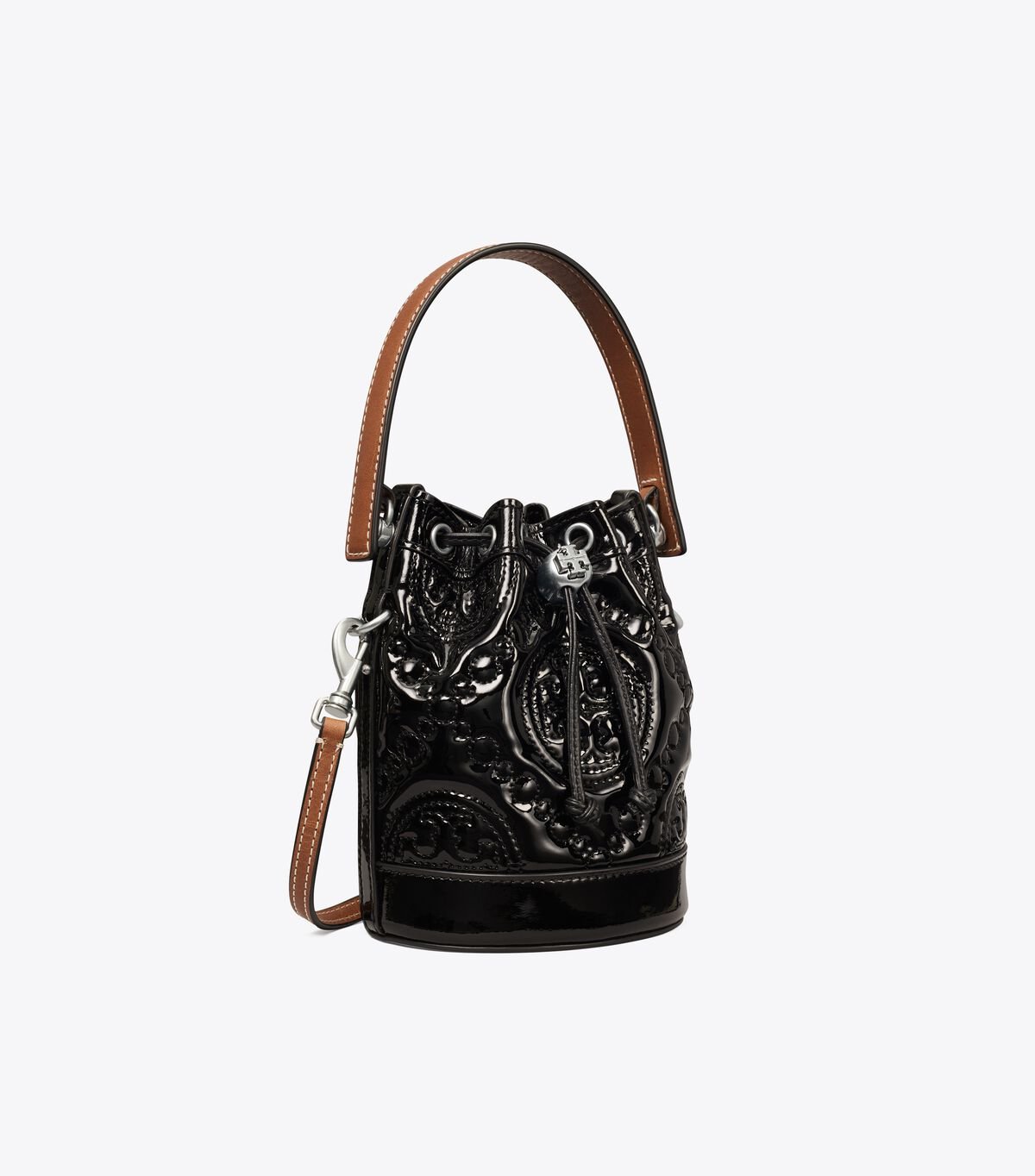 Black Women\'s Tory Burch Mini T Monogram Embroidered Patent Bucket Bags | QMJGTL-136