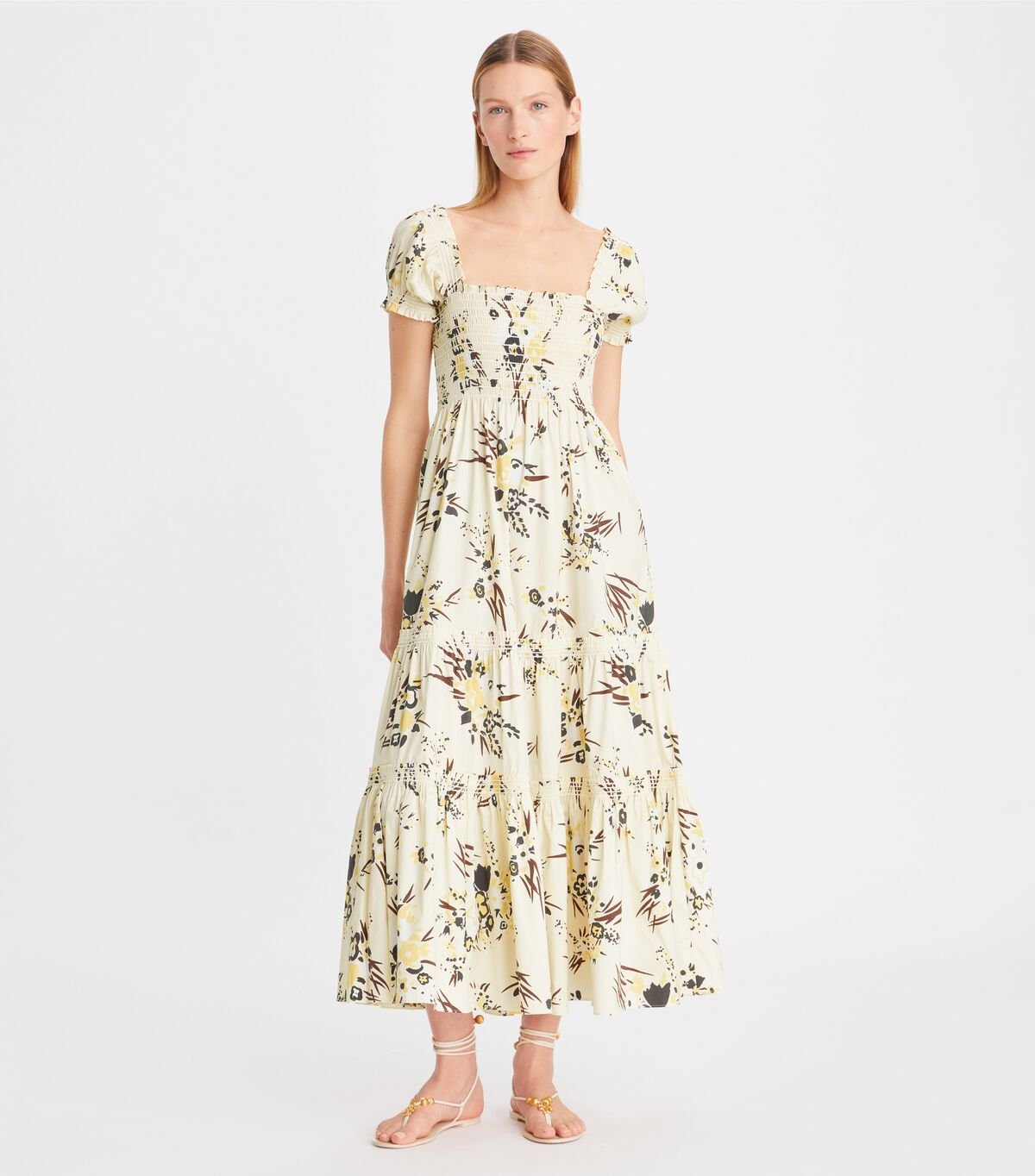 Cream Women's Tory Burch Printed Smocked Dress | QLFNSP-835