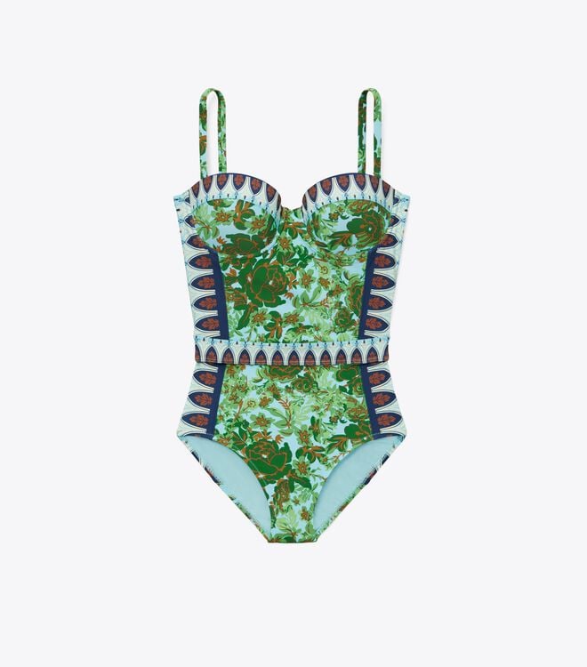 Green Women\'s Tory Burch Lipsi Printed One-piece Swimsuits | VZUWNF-829