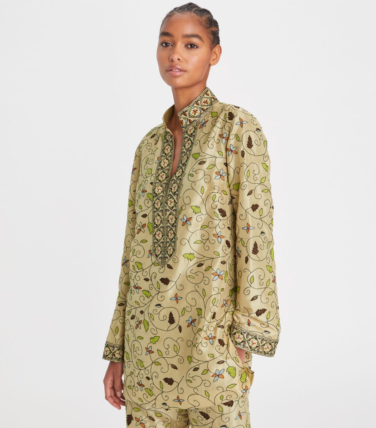 Khaki Women's Tory Burch Embroidered Silk Tory Tunic Shirts | LRGAUB-853