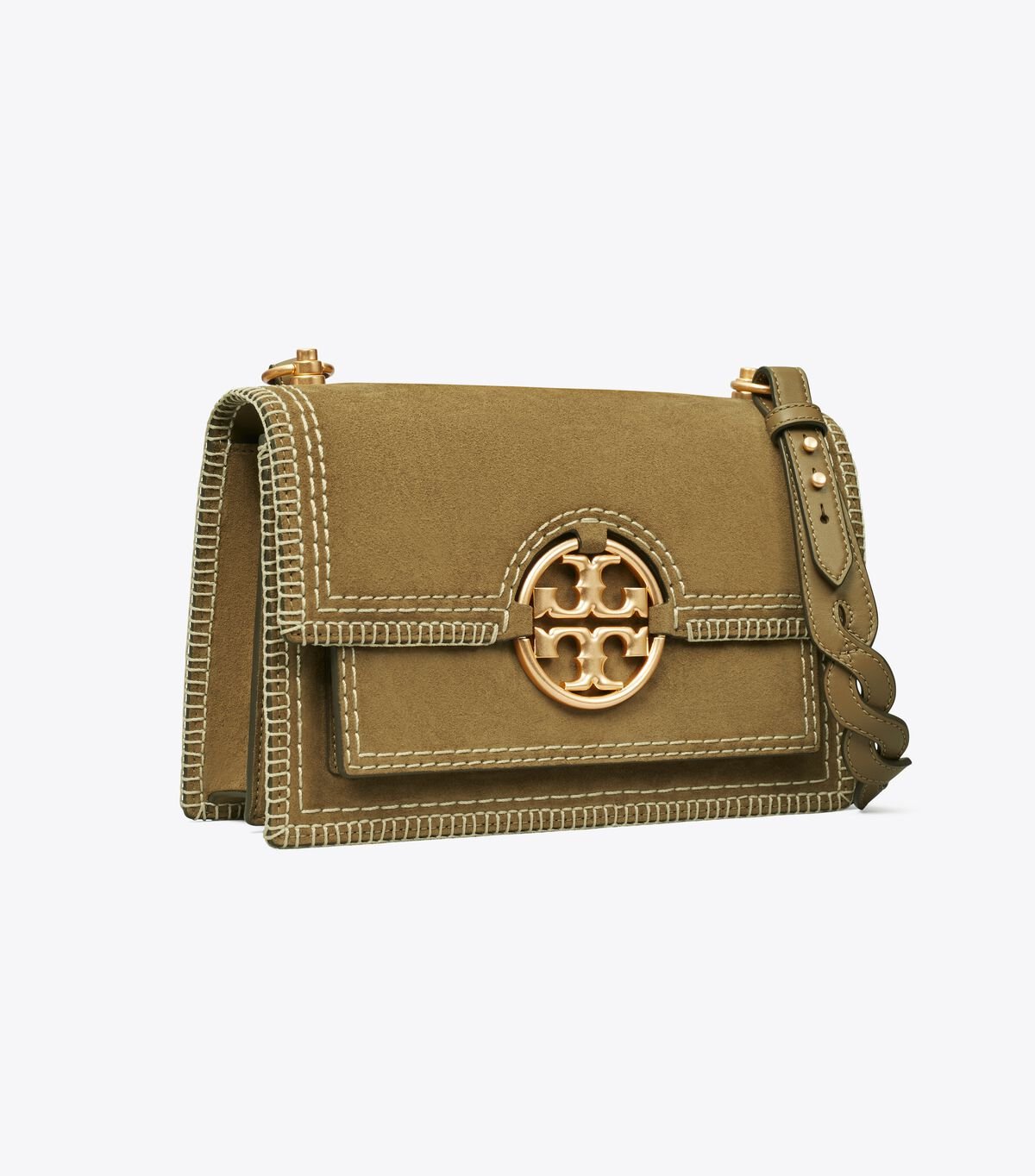 Khaki Women\'s Tory Burch Miller Suede Stitched Flap Shoulder Bags | FXOYQC-458