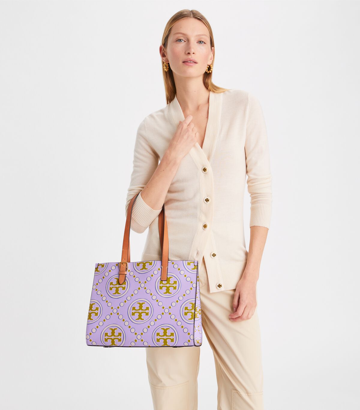 Lavender / White Women's Tory Burch Small T Monogram Contrast Embossed Tote Bags | VMBLJP-814