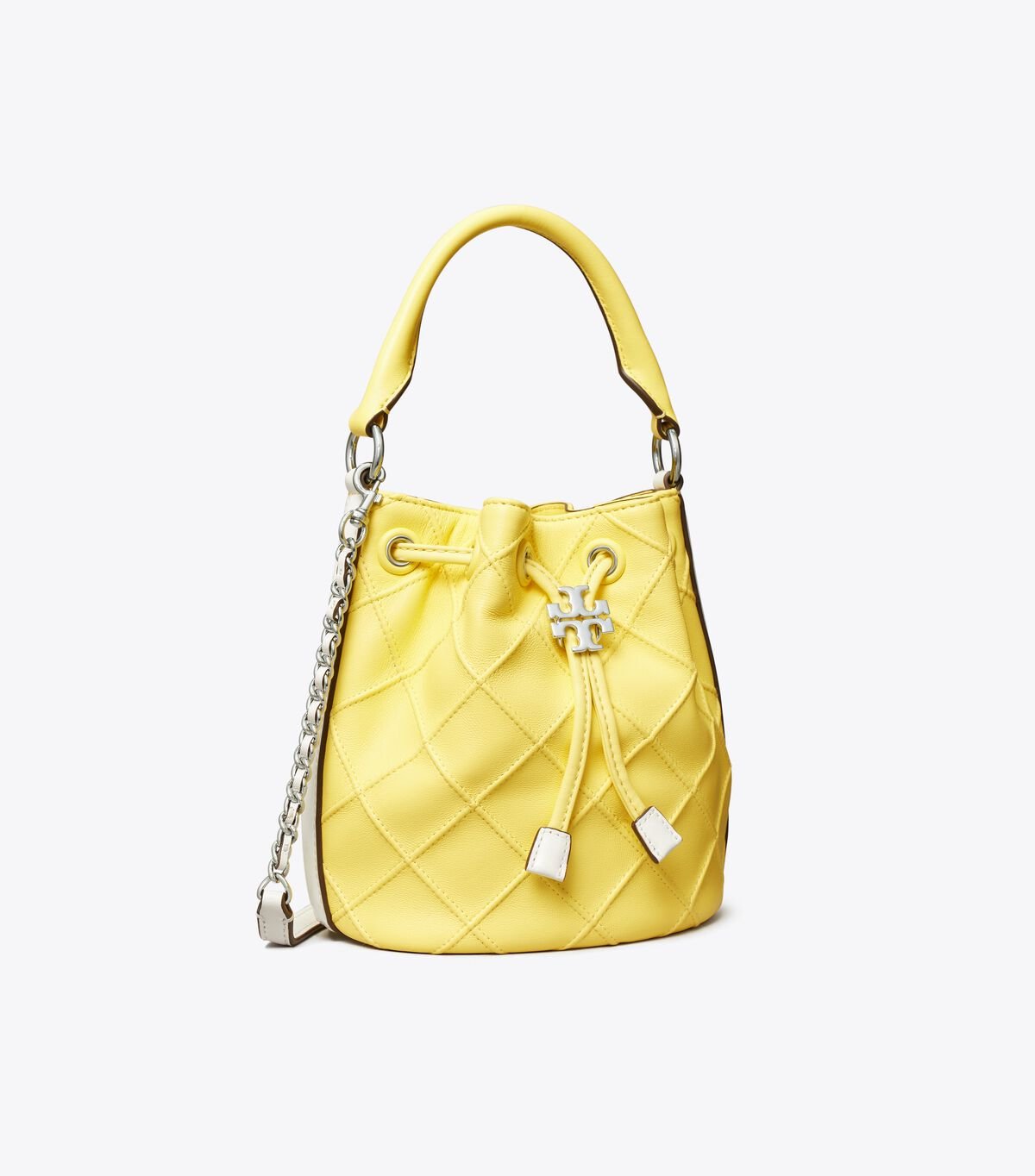 Lemon / White Women\'s Tory Burch Mini Fleming Soft Patent Border Bucket Bags | IBOXWJ-327