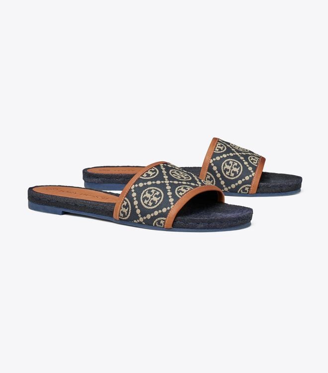 Navy Women\'s Tory Burch T Monogram Espadrille Slides | IPBNCX-098