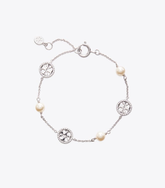 Silver Women\'s Tory Burch Crystal Pearl Logo Bracelet | VCXDYQ-347