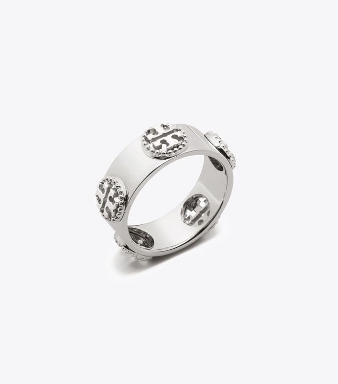 Silver Women\'s Tory Burch Milgrain Logo Ring | ZCGUOJ-842