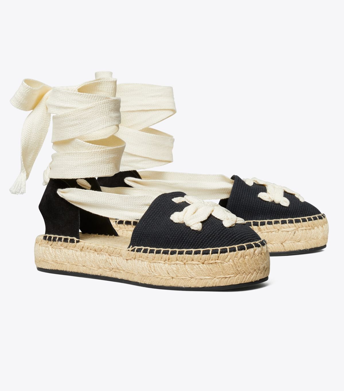 Black / Beige Women's Tory Burch Ribbon Espadrille | CVAOXP-037