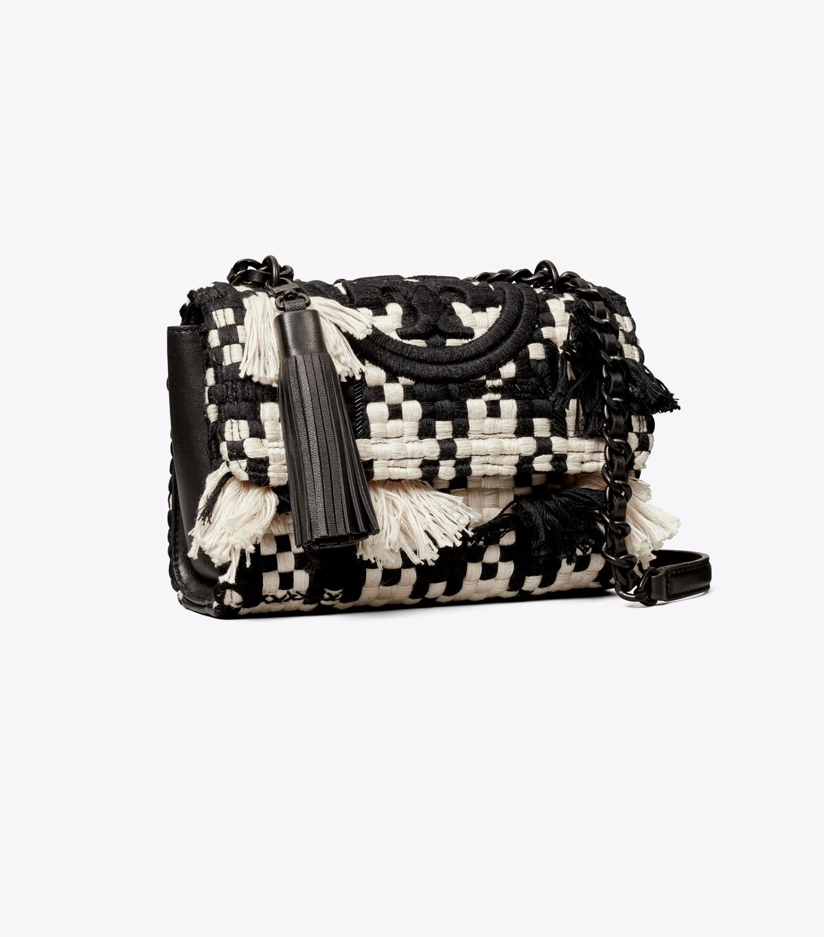 Black / White Women's Tory Burch Small Fleming Tweed Convertible Shoulder Bags | BZSDRH-625