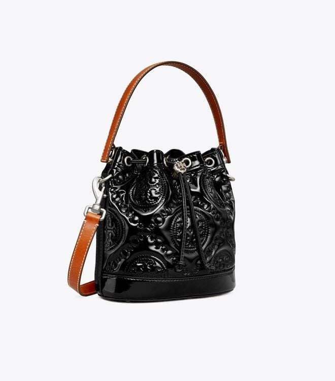 Black Women's Tory Burch T Monogram Embroidered Patent Bucket Bags | RYDGIN-842