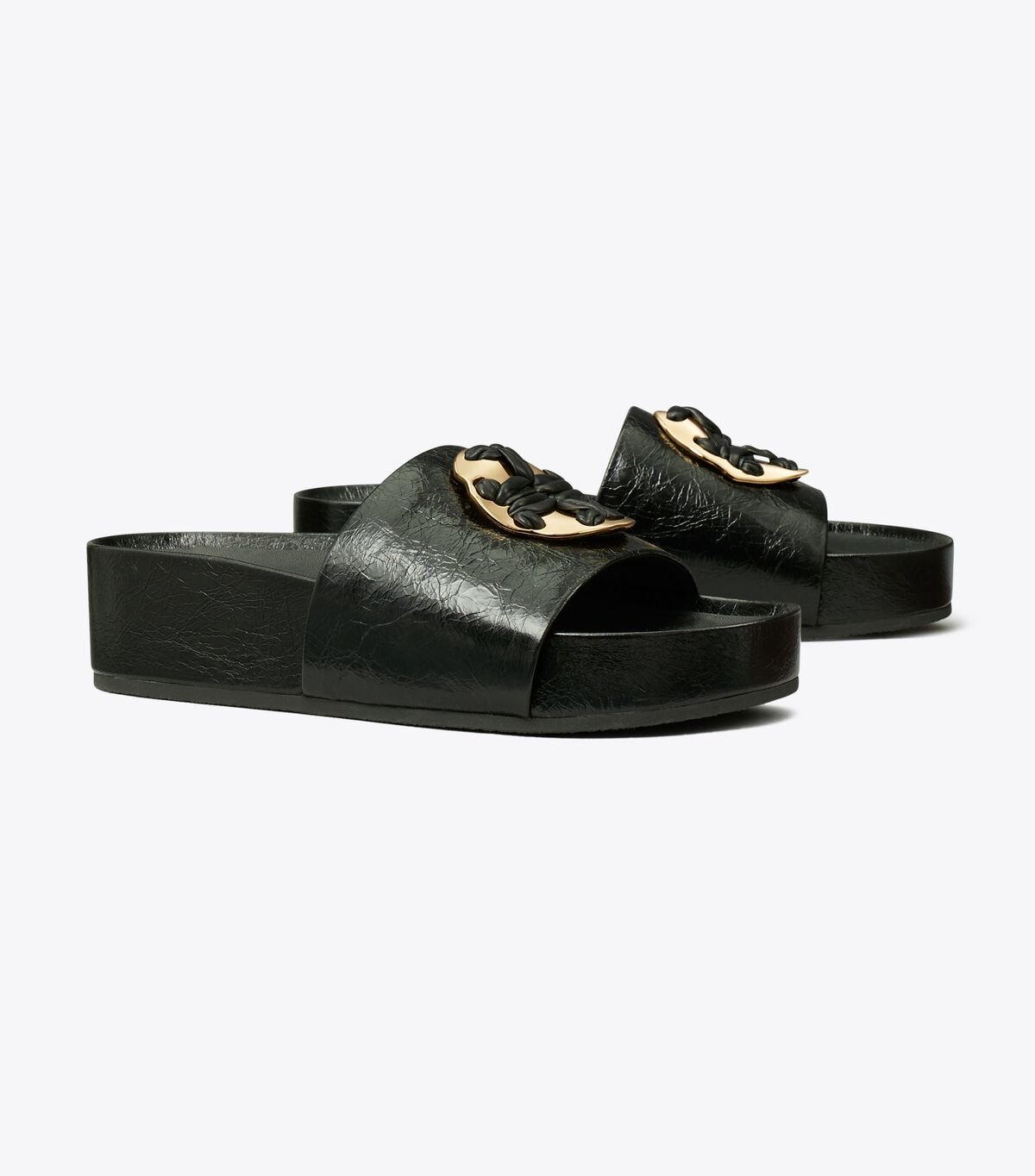 Black Women's Tory Burch Woven Double T Slides | AKXJYG-712