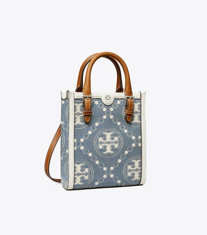 Blue Women's Tory Burch Mini T Monogram Denim Tote Bags | KOGUIE-534