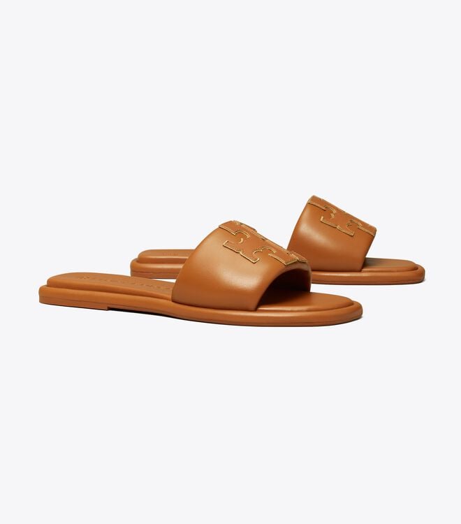 Gold Women's Tory Burch Double T Sport Slides | RKCATW-897