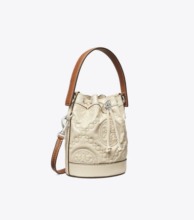 Light Cream Women's Tory Burch Mini T Monogram Embroidered Patent Bucket Bags | TYFQGA-185