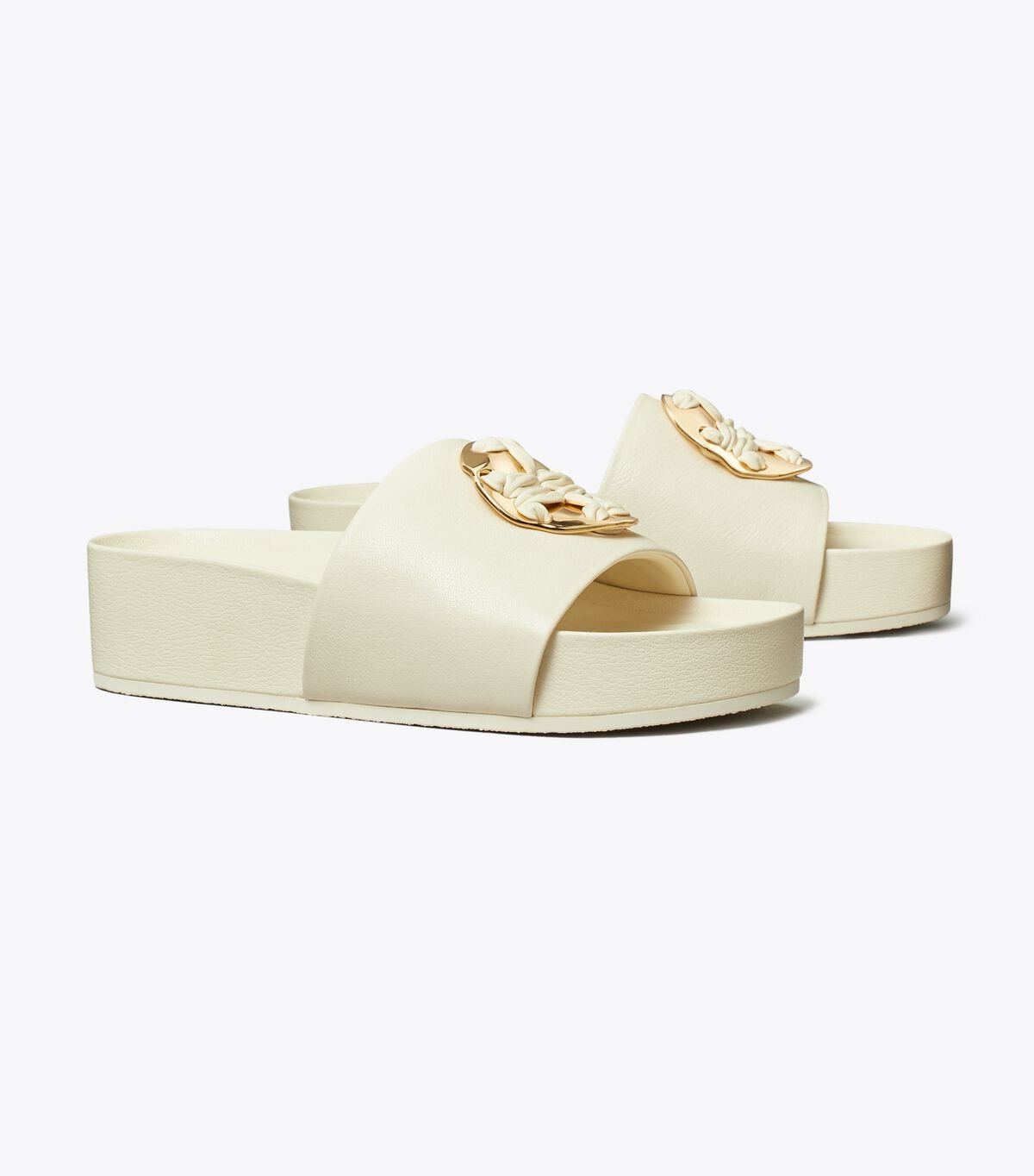 Light Cream Women's Tory Burch Woven Double T Slides | IRLYPW-492