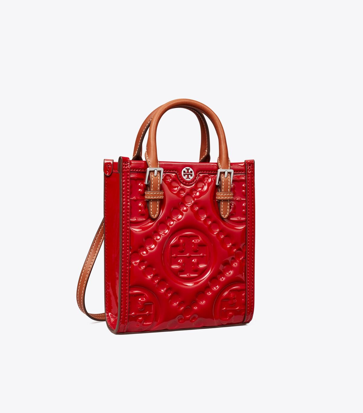 Red Women's Tory Burch Mini T Monogram Embossed Patent Tote Bags | RYNGBL-308