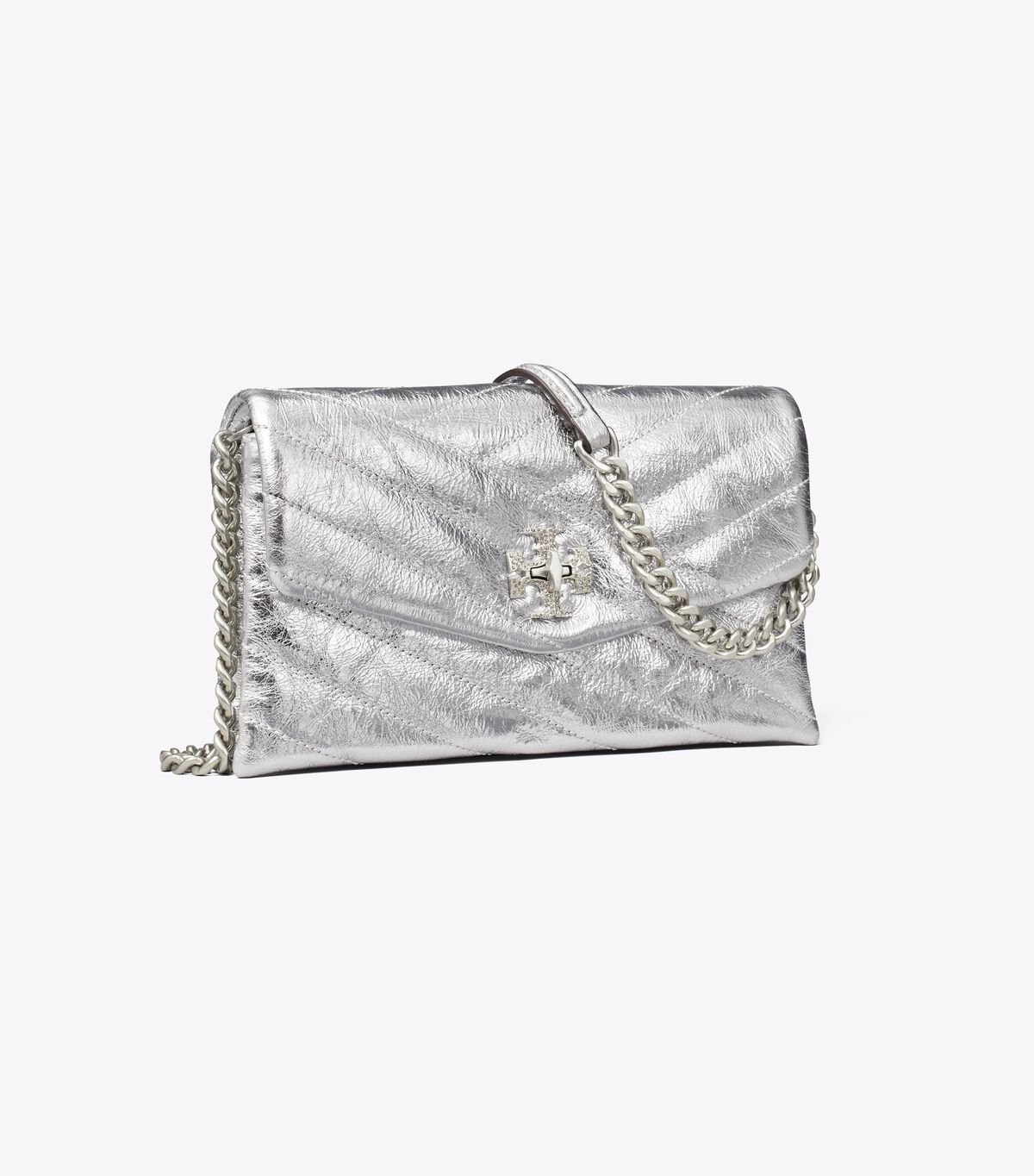 Silver Women's Tory Burch Kira Chevron Metallic Pave Logo Chain Crossbody Bags | WZJUHS-901