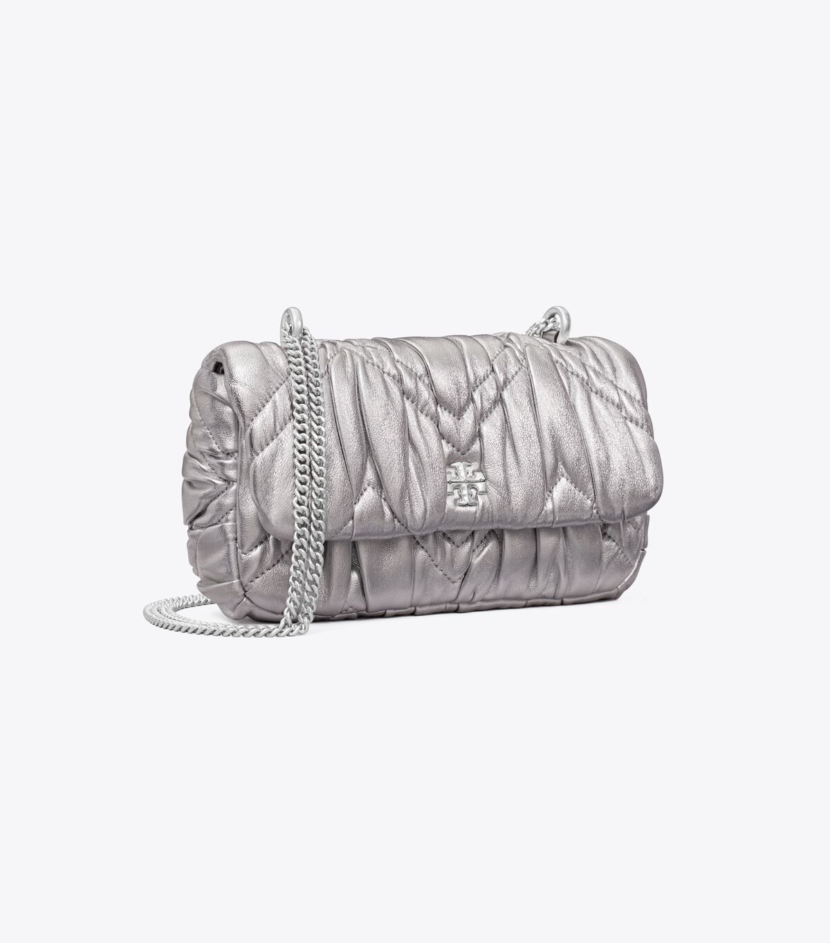 Silver Women's Tory Burch Mini Kira Metallic Diamond Ruched Flap Crossbody Bags | BZJNVE-289