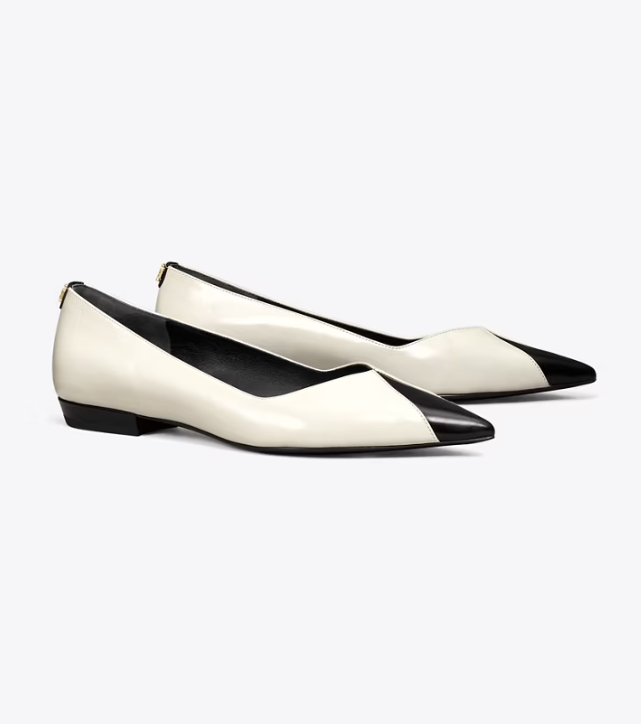 White / Black Women's Tory Burch Triangle Pointed Flat Shoes | LGZXMR-183