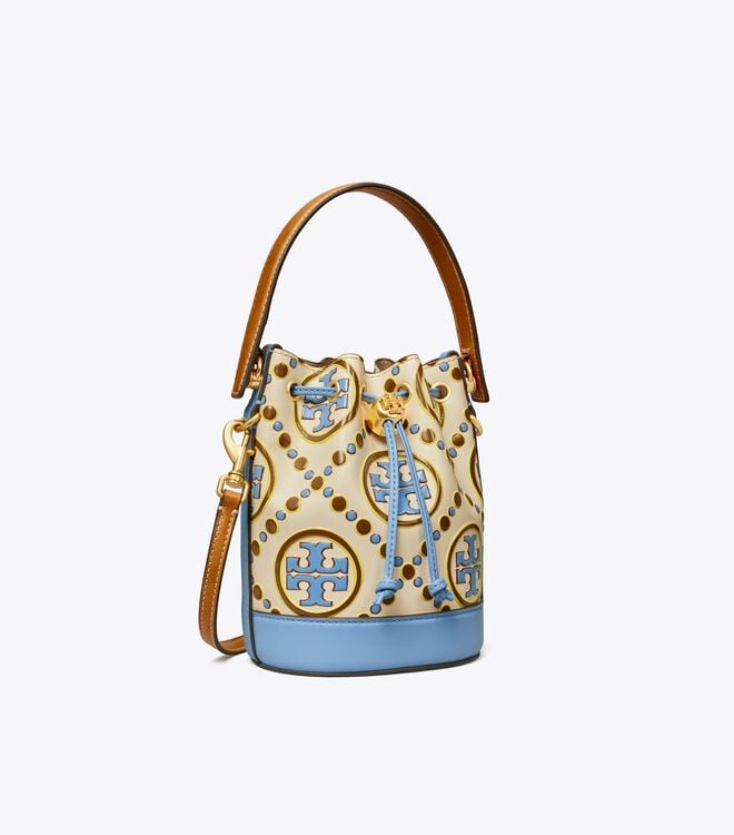 White / Blue Women's Tory Burch Mini T Monogram Contrast Embossed Bucket Bags | GAKLCI-738